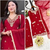 Admiring Embroidery Sequence Red Color Palazzo  suit
